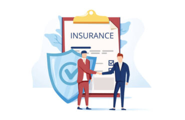 Flat Metaphor Poster Presenting Insurance Services. Cartoon Male Customer and Agent Shaking Hands over Huge Safe Contract Agreement. Security and Protection Idea. Vector Illustration