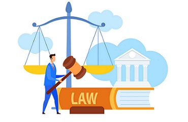 Lawyer, Legal Advisor Holding Gavel Flat Character. Cartoon Attorney with Law Symbols. Human Rights Defense Vector Illustration. Trial Procedure, Justice, Punishment. Huge Scales, Legal Book